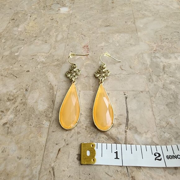 Stony Earrings with Peach-Colored Teardrops Dangling from Ornate Crosses - Picture 3 of 6